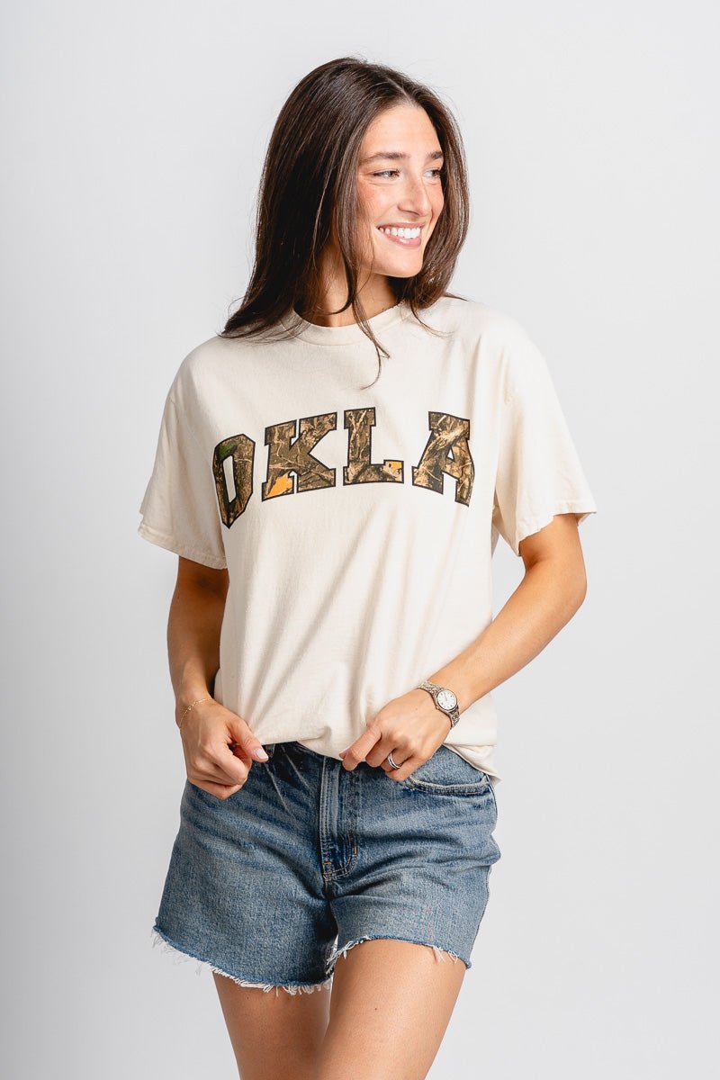 OSU OKLA camo gault thrifted t-shirt off white T-shirt | Lush Fashion Lounge Trendy Oklahoma State Cowboys Apparel & Cute Gameday T-Shirts