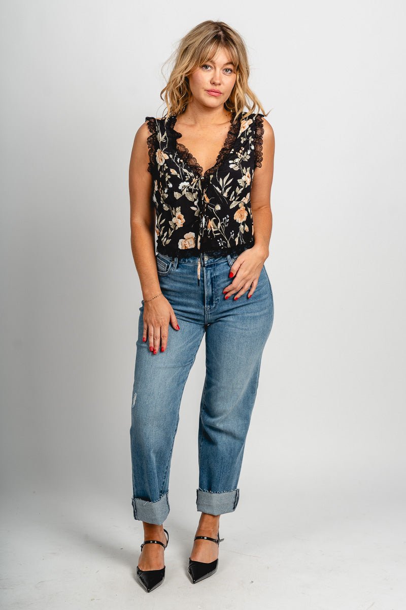 Lace trim floral tie top black