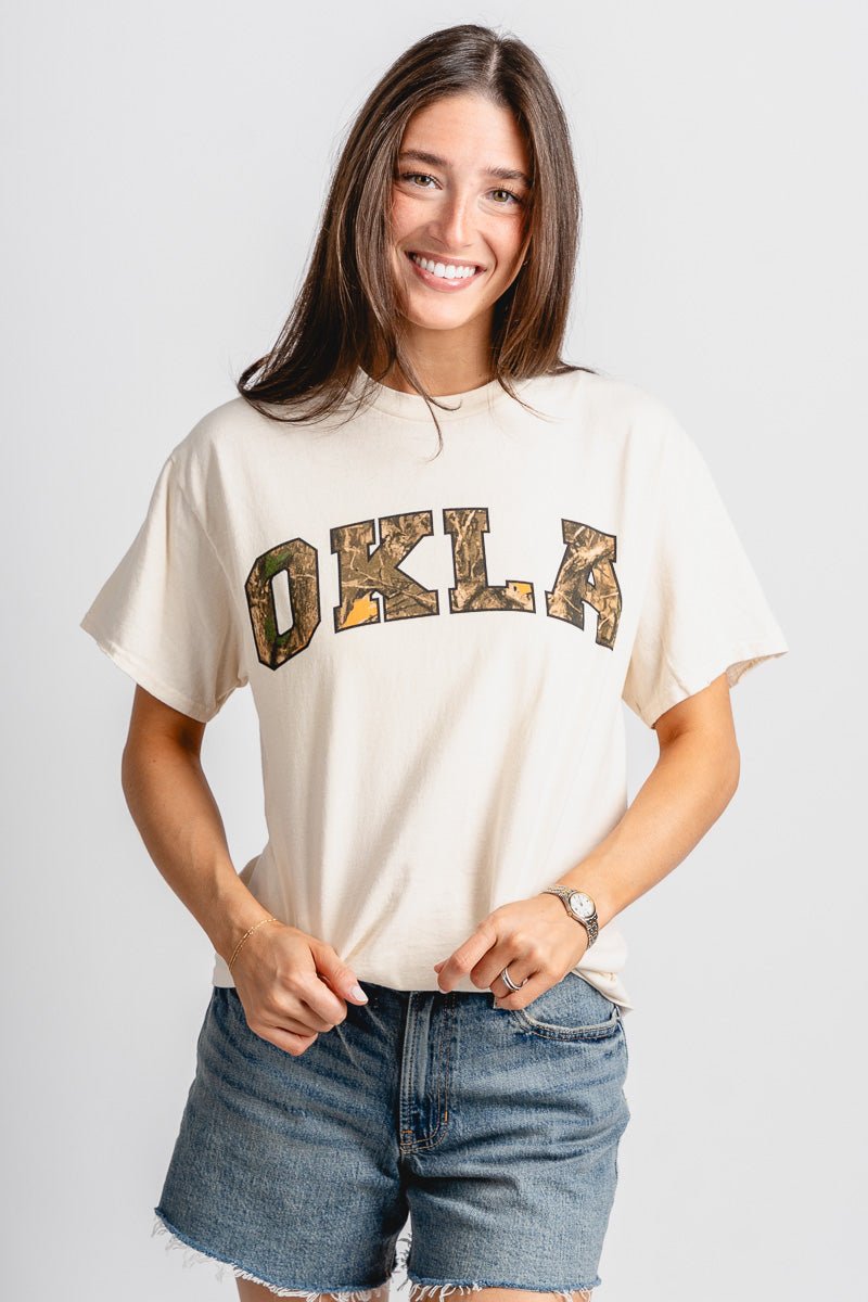 OSU OKLA camo gault thrifted t-shirt off white T-shirt | Lush Fashion Lounge Trendy Oklahoma State Cowboys Apparel & Cute Gameday T-Shirts