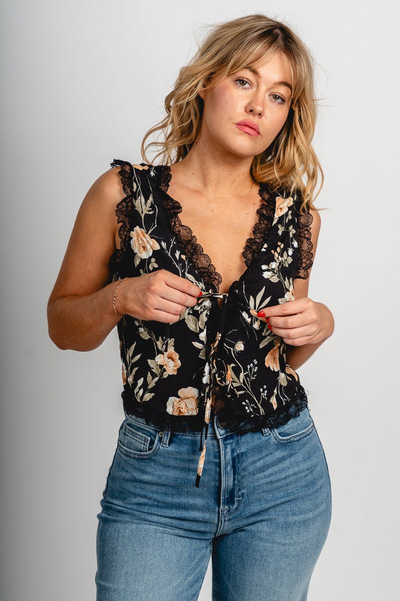 Lace trim floral tie top black