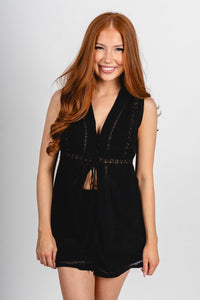 Eyelet tie front tank top black - Affordable top - Boutique Tank Tops at Lush Fashion Lounge Boutique in Oklahoma City