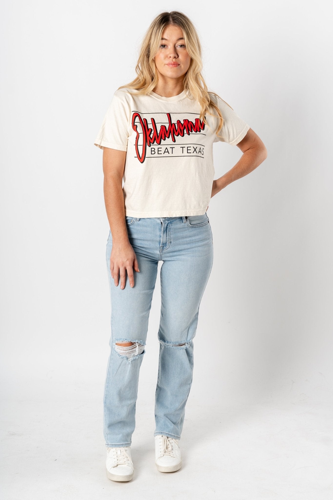 OU Beat Texas lines crop t-shirt natural T-shirts | Lush Fashion Lounge Trendy Oklahoma University Sooners Apparel & Cute Gameday T-Shirts