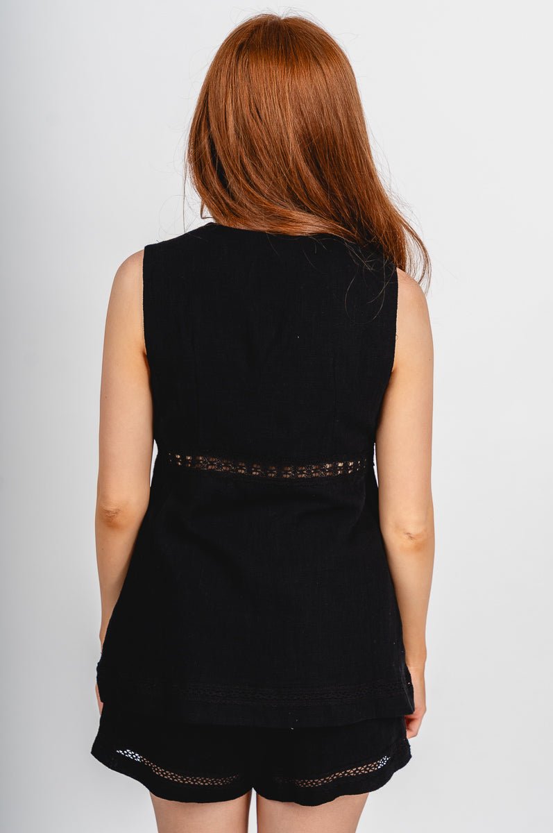 Eyelet tie front tank top black