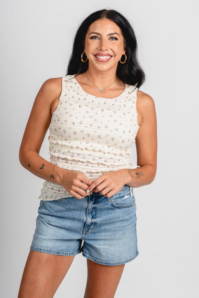 Floral asymmetrical tank top cream - Affordable Tank Top - Boutique Tank Tops at Lush Fashion Lounge Boutique in Oklahoma City