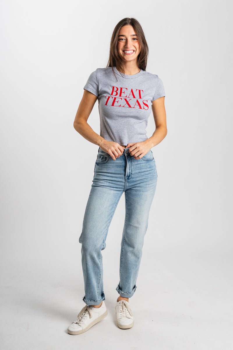 OU OU Beat Texas crop baby tee grey T-shirt | Lush Fashion Lounge Trendy Oklahoma University Sooners Apparel & Cute Gameday T-Shirts