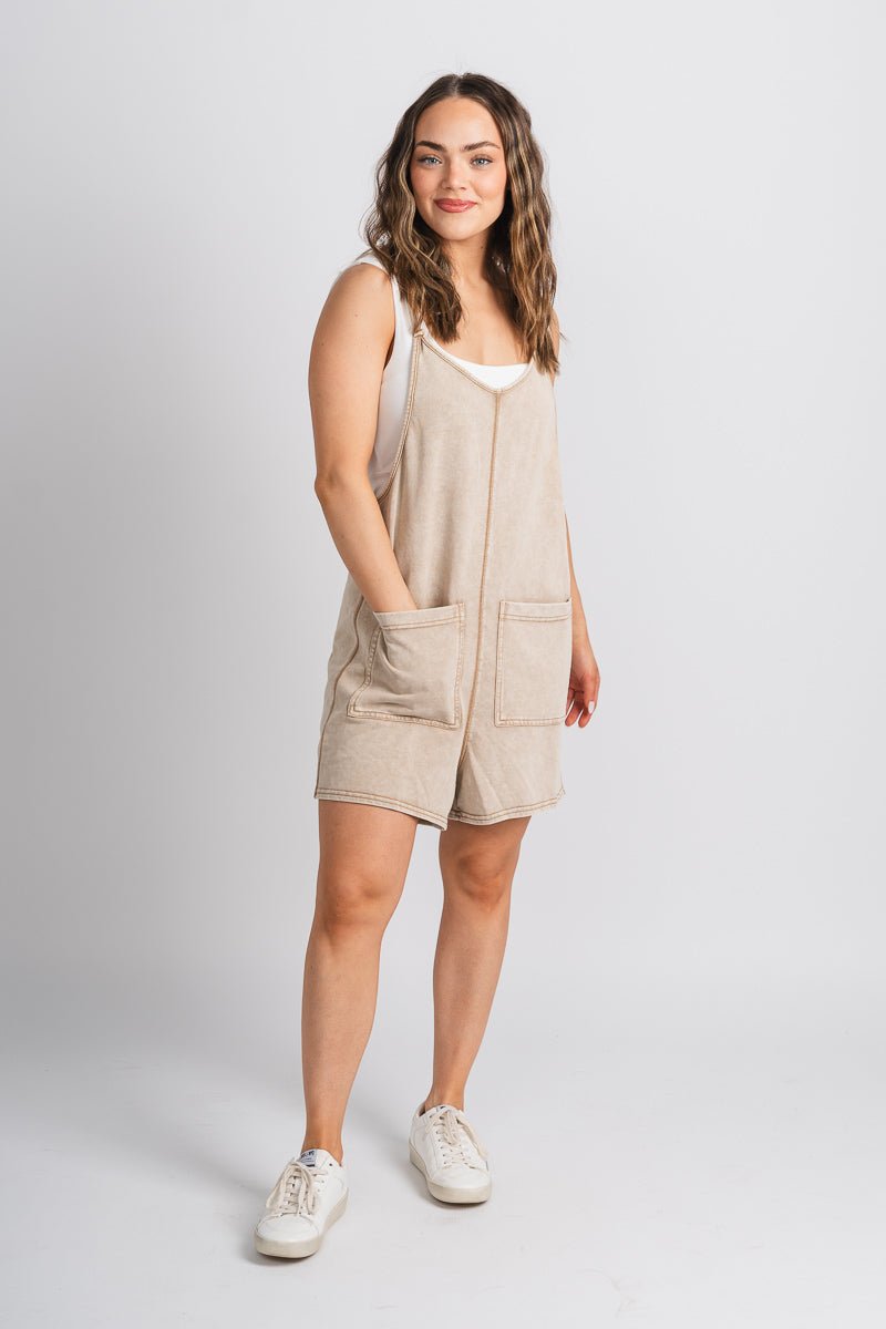 Washed pocket romper tan - Trendy Romper - Fashion Rompers & Pantsuits at Lush Fashion Lounge Boutique in Oklahoma City
