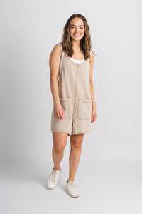 Washed pocket romper tan Stylish Romper - Womens Fashion Rompers & Pantsuits at Lush Fashion Lounge Boutique in Oklahoma City