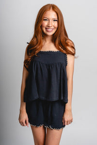 Gauze scalloped top navy - Adorable top - Stylish Patriotic Summer Graphic Tees at Lush Fashion Lounge Boutique in OKC