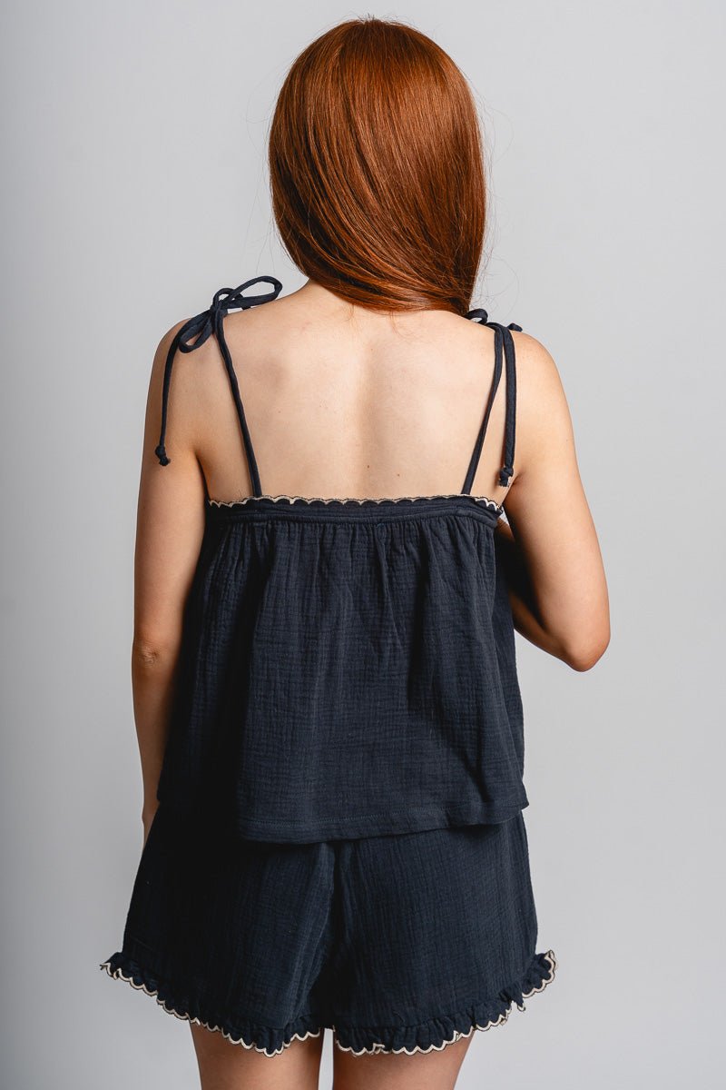 Gauze scalloped top navy