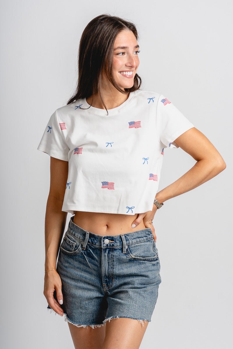 USA flag bow baby tee white - Trendy T-shirt - Cute American Summer Collection at Lush Fashion Lounge Boutique in Oklahoma City