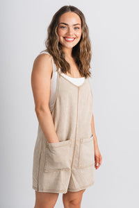 Washed pocket romper tan - Affordable Romper - Boutique Rompers & Pantsuits at Lush Fashion Lounge Boutique in Oklahoma City