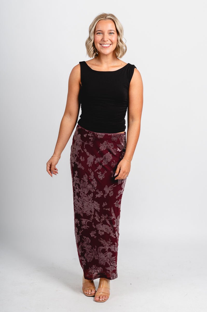 Velvet mix maxi skirt burgundy | Lush Fashion Lounge: boutique fashion skirts, affordable boutique skirts, cute affordable skirts