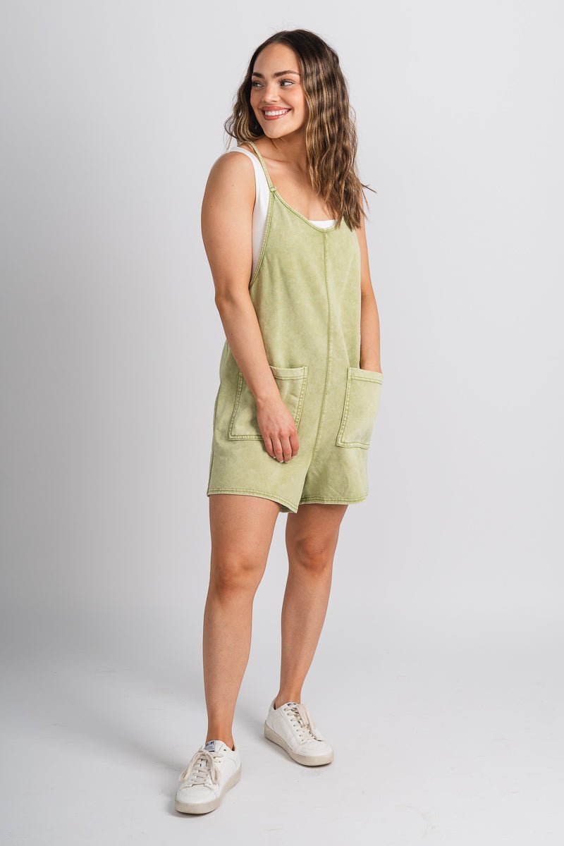 Washed pocket romper sage - Trendy Romper - Fashion Rompers & Pantsuits at Lush Fashion Lounge Boutique in Oklahoma City