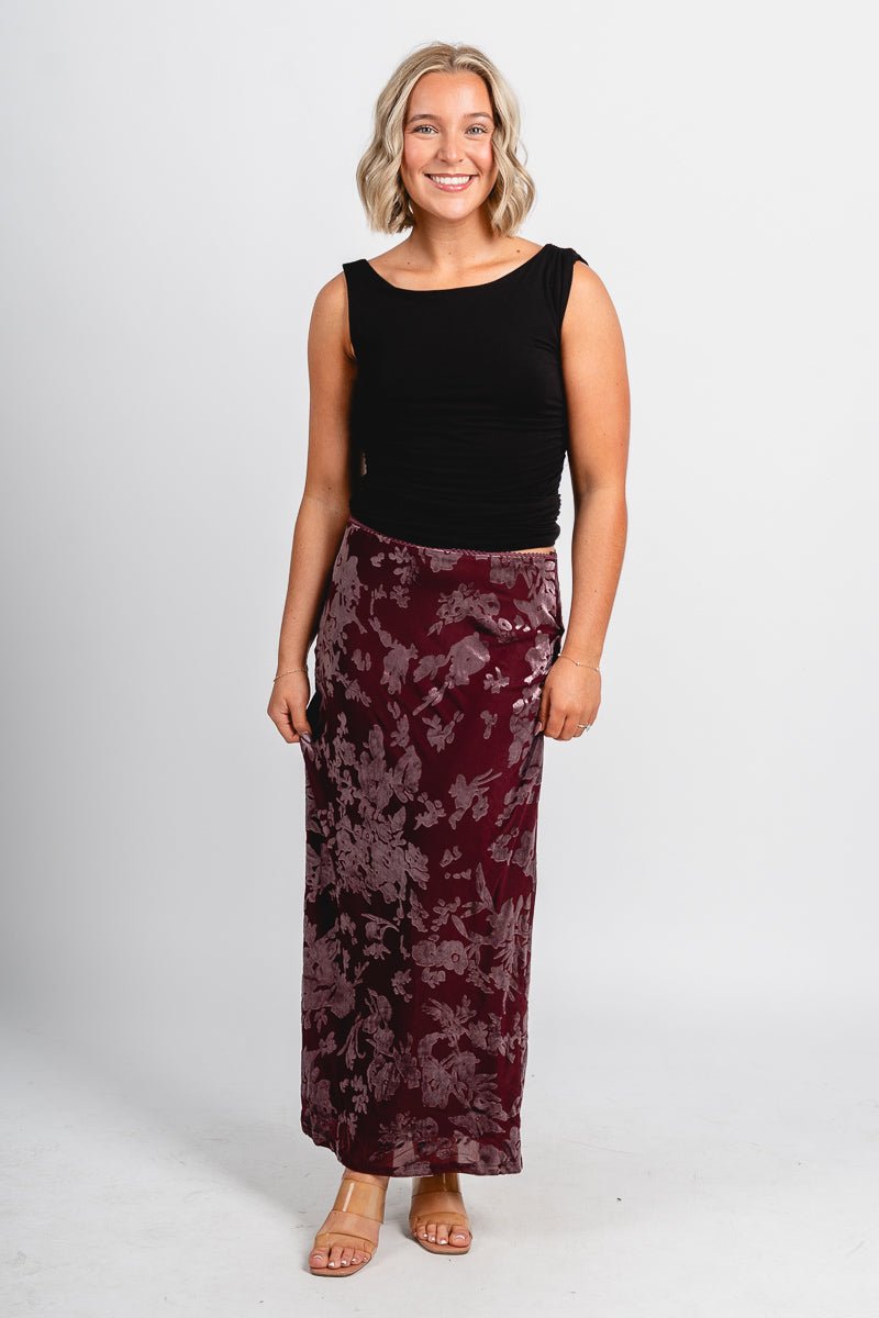Velvet mix maxi skirt burgundy | Lush Fashion Lounge: boutique fashion skirts, affordable boutique skirts, cute affordable skirts