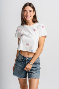 USA flag bow baby tee white - Cute T-shirt - Fun American Summer Outfits at Lush Fashion Lounge Boutique in Oklahoma City