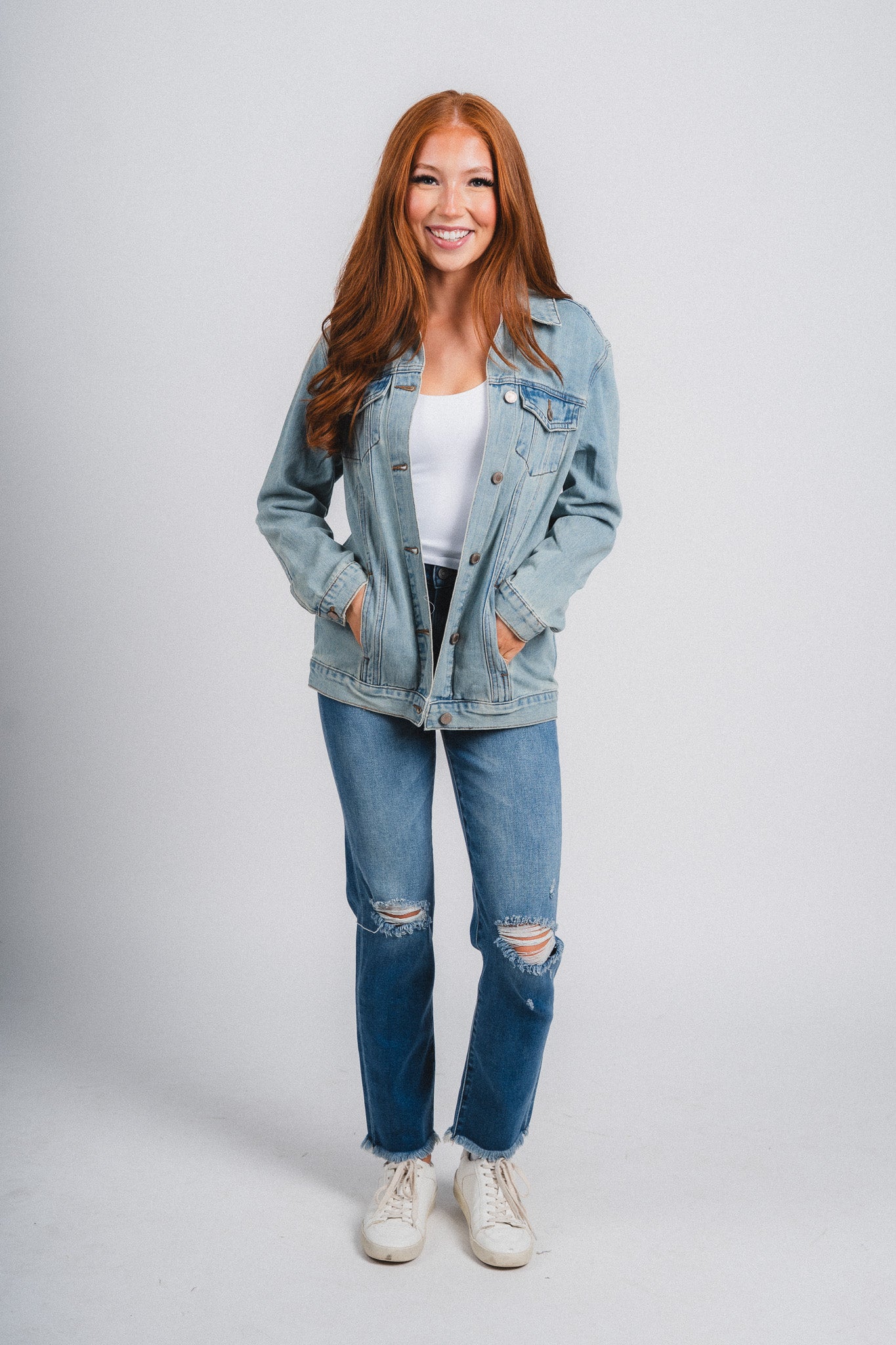 OU OKLA denim jacket light denim Jacket | Lush Fashion Lounge Trendy Oklahoma University Sooners Apparel & Cute Gameday T-Shirts
