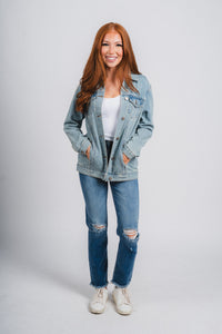 OU OKLA denim jacket light denim Jacket | Lush Fashion Lounge Trendy Oklahoma University Sooners Apparel & Cute Gameday T-Shirts