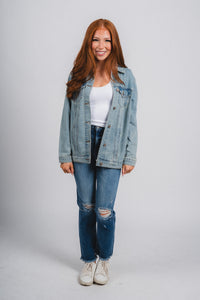OU OKLA denim jacket light denim Jacket | Lush Fashion Lounge Trendy Oklahoma University Sooners Apparel & Cute Gameday T-Shirts