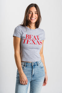 OU OU Beat Texas crop baby tee grey T-shirt | Lush Fashion Lounge Trendy Oklahoma University Sooners Apparel & Cute Gameday T-Shirts