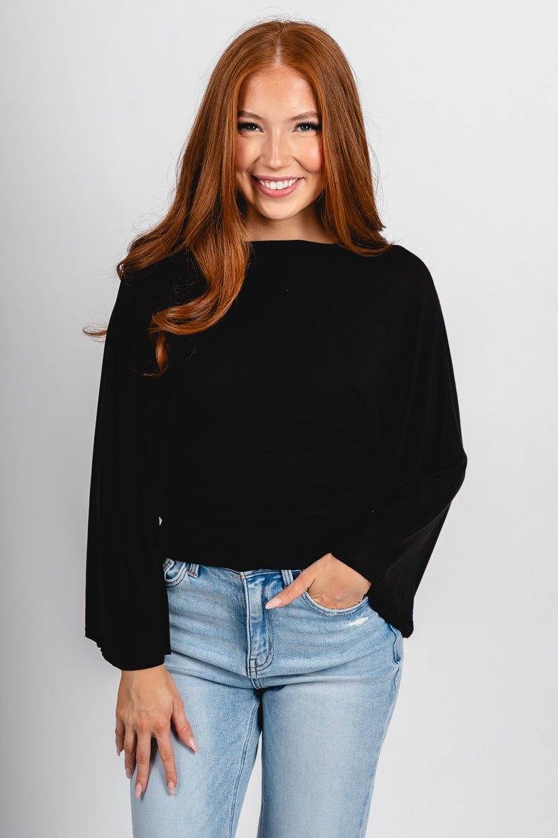 Tie back long sleeve top black