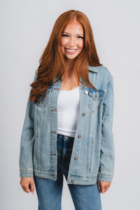 OU OKLA denim jacket light denim Jacket | Lush Fashion Lounge Trendy Oklahoma University Sooners Apparel & Cute Gameday T-Shirts