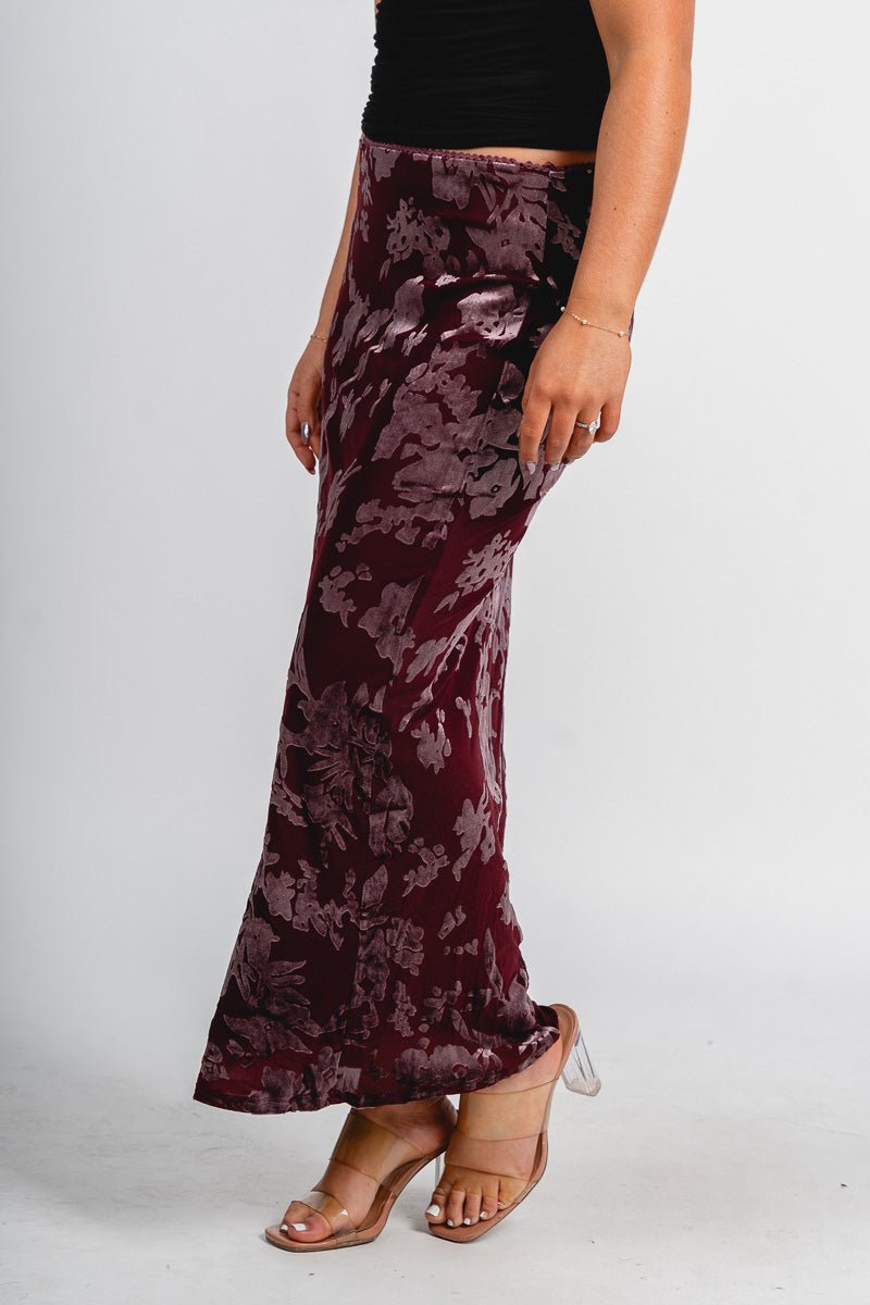 Velvet mix maxi skirt burgundy | Lush Fashion Lounge: boutique fashion skirts, affordable boutique skirts, cute affordable skirts