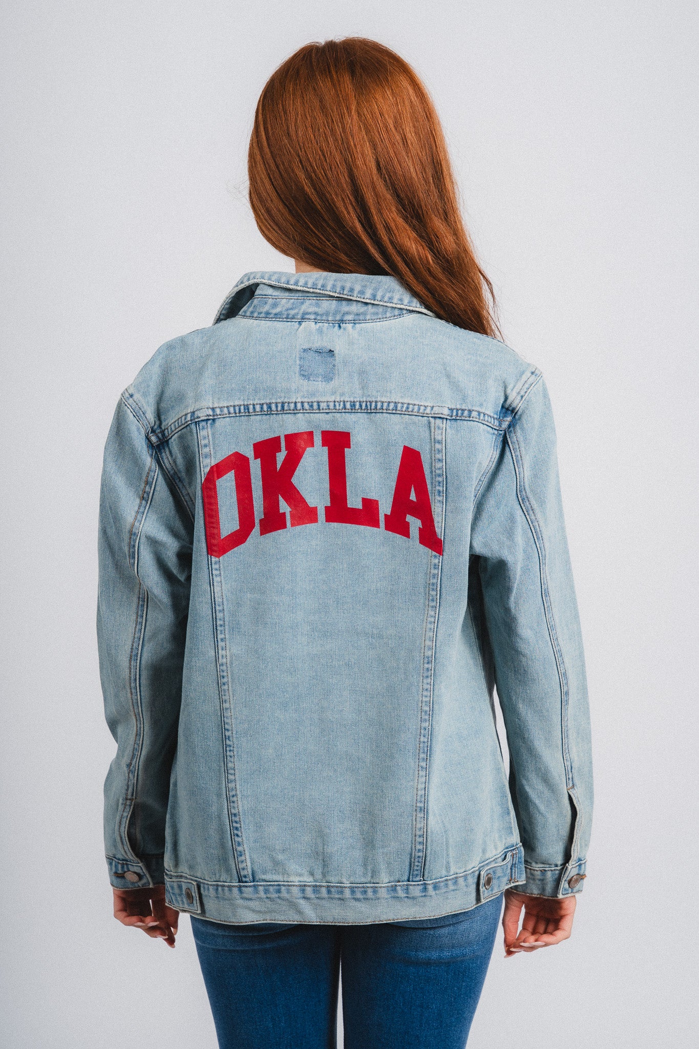 OU OKLA denim jacket light denim Jacket | Lush Fashion Lounge Trendy Oklahoma University Sooners Apparel & Cute Gameday T-Shirts
