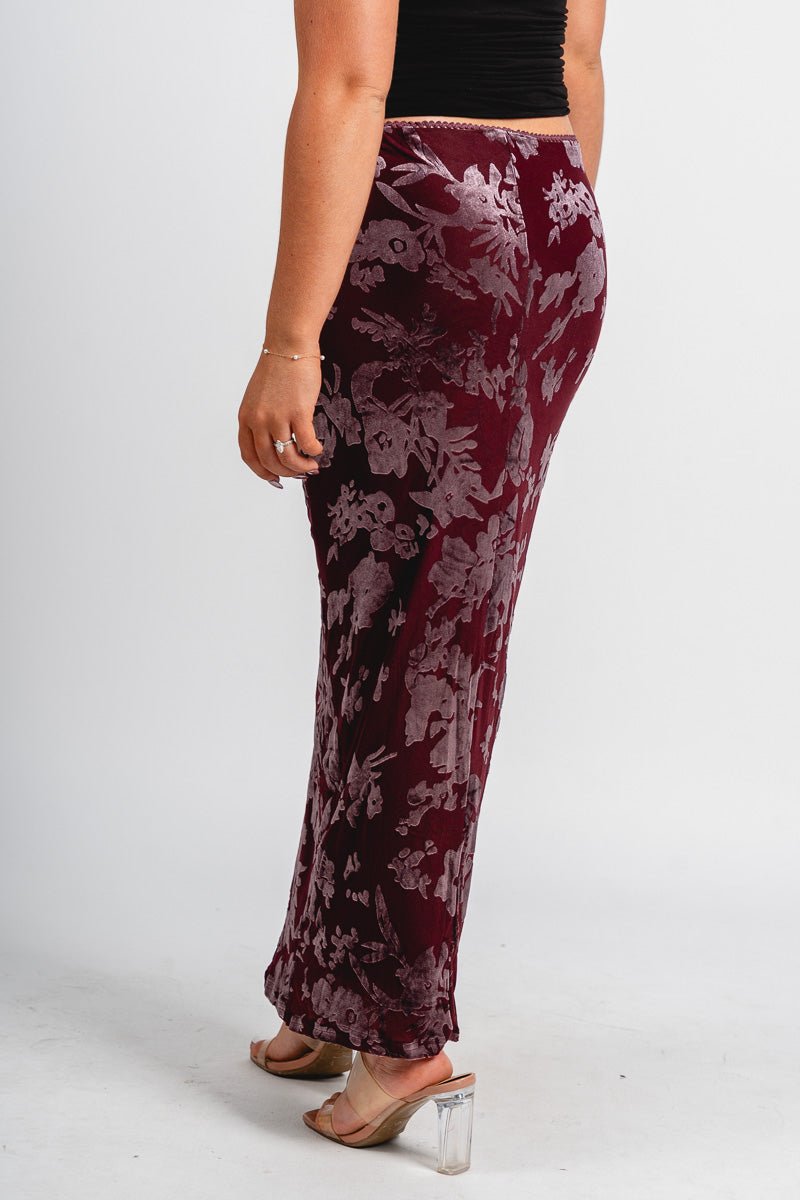 Velvet mix maxi skirt burgundy | Lush Fashion Lounge: boutique fashion skirts, affordable boutique skirts, cute affordable skirts