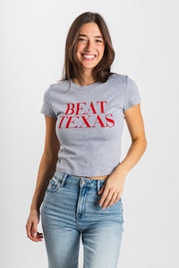 OU OU Beat Texas crop baby tee grey T-shirt | Lush Fashion Lounge Trendy Oklahoma University Sooners Apparel & Cute Gameday T-Shirts