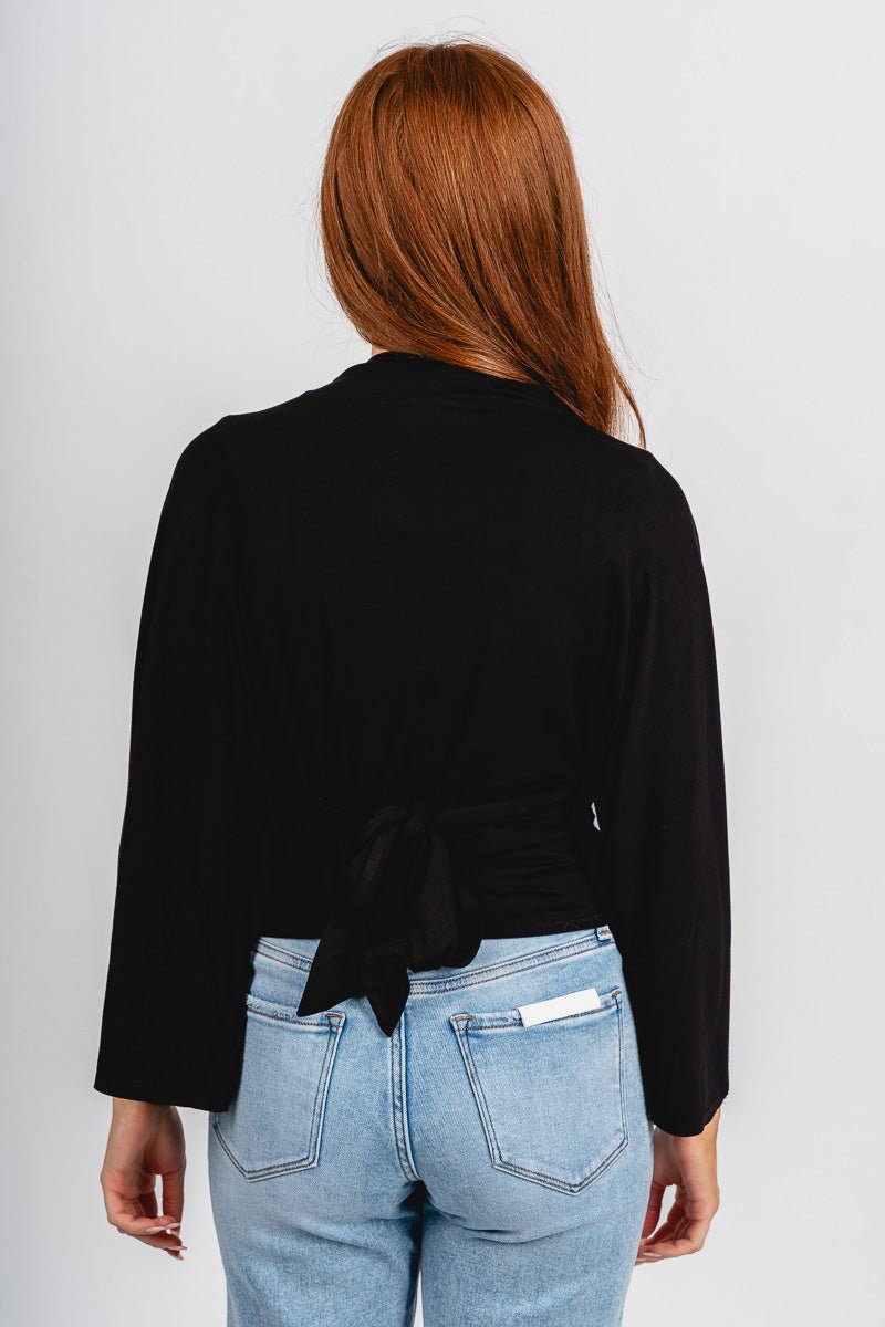 Tie back long sleeve top black