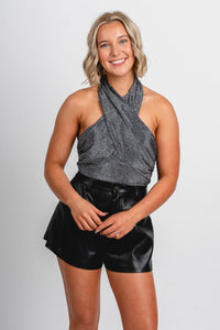 Metallic halter bodysuit black/silver - Trendy Bodysuit - Fashion Bodysuits at Lush Fashion Lounge Boutique in Oklahoma City