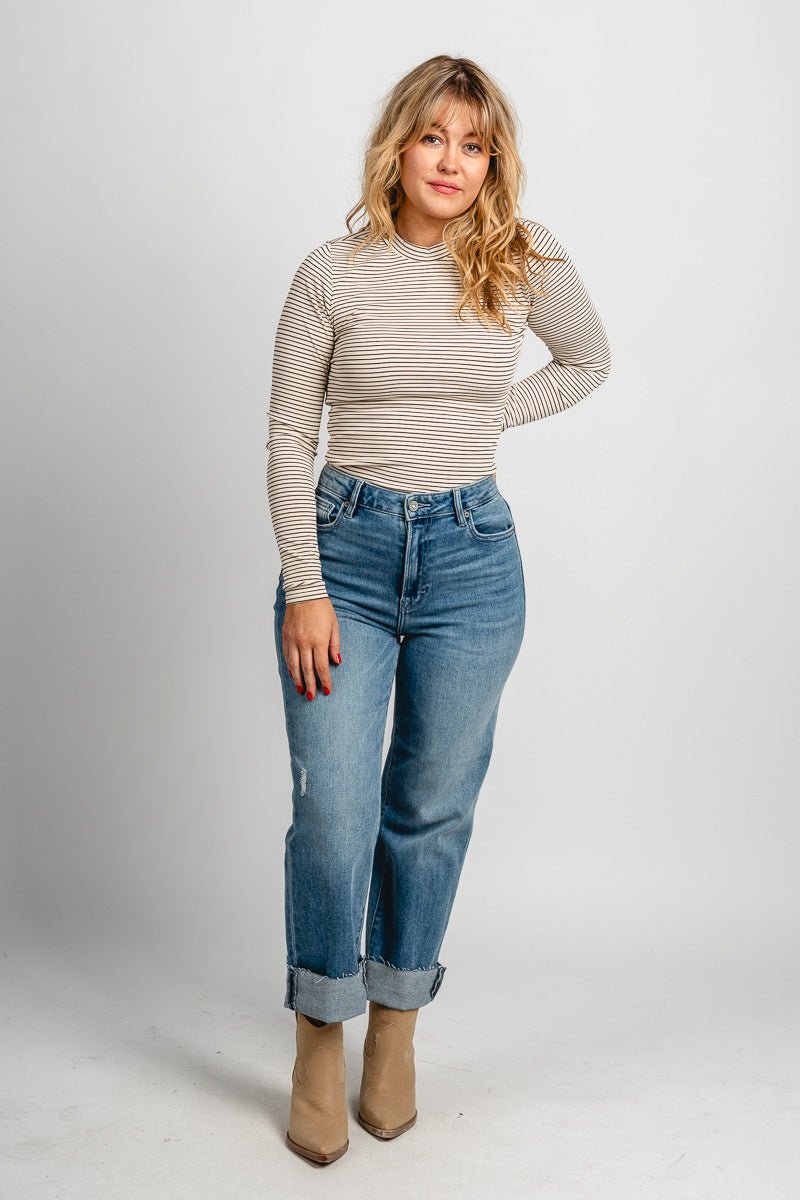 Striped long sleeve top ivory/brown