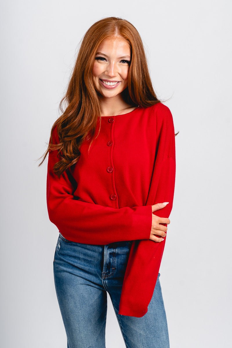 Button sweater cardigan red - Affordable Sweater - Boutique Cardigans & Trendy Kimonos at Lush Fashion Lounge Boutique in Oklahoma City
