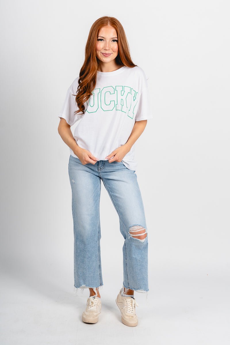 Lucky oversized t-shirt white - Trendy St. Patrick's T-Shirts at Lush Fashion Lounge Boutique in Oklahoma City