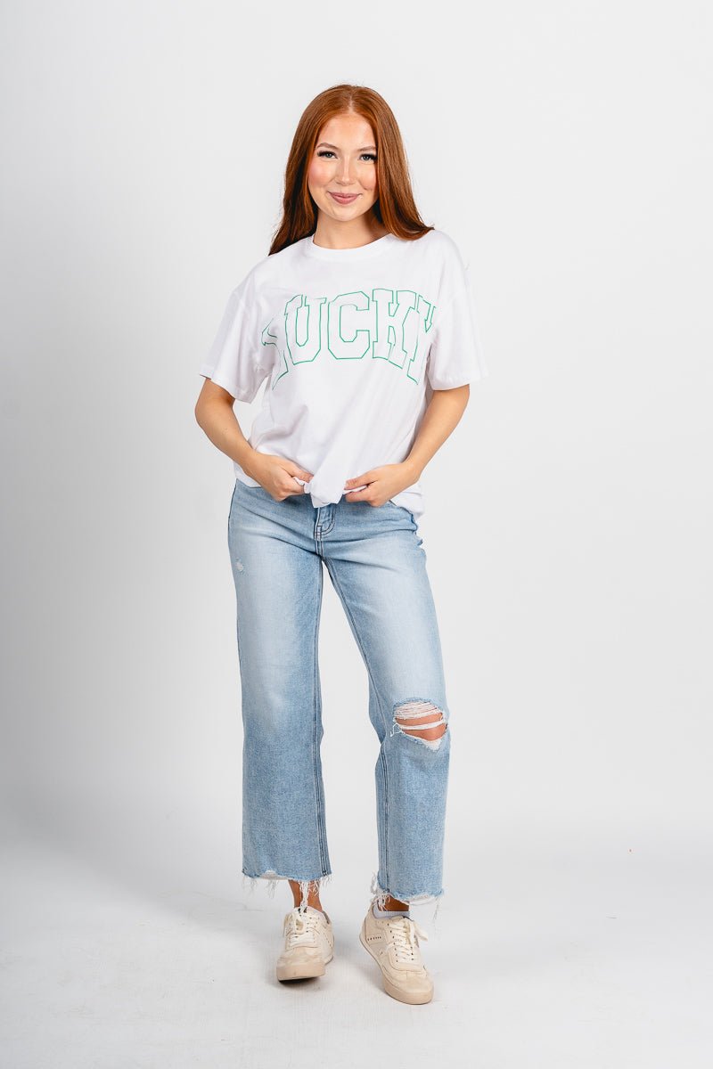 Lucky oversized t-shirt white - Cute St. Patrick's Day Outfits at Lush Fashion Lounge Boutique in Oklahoma City