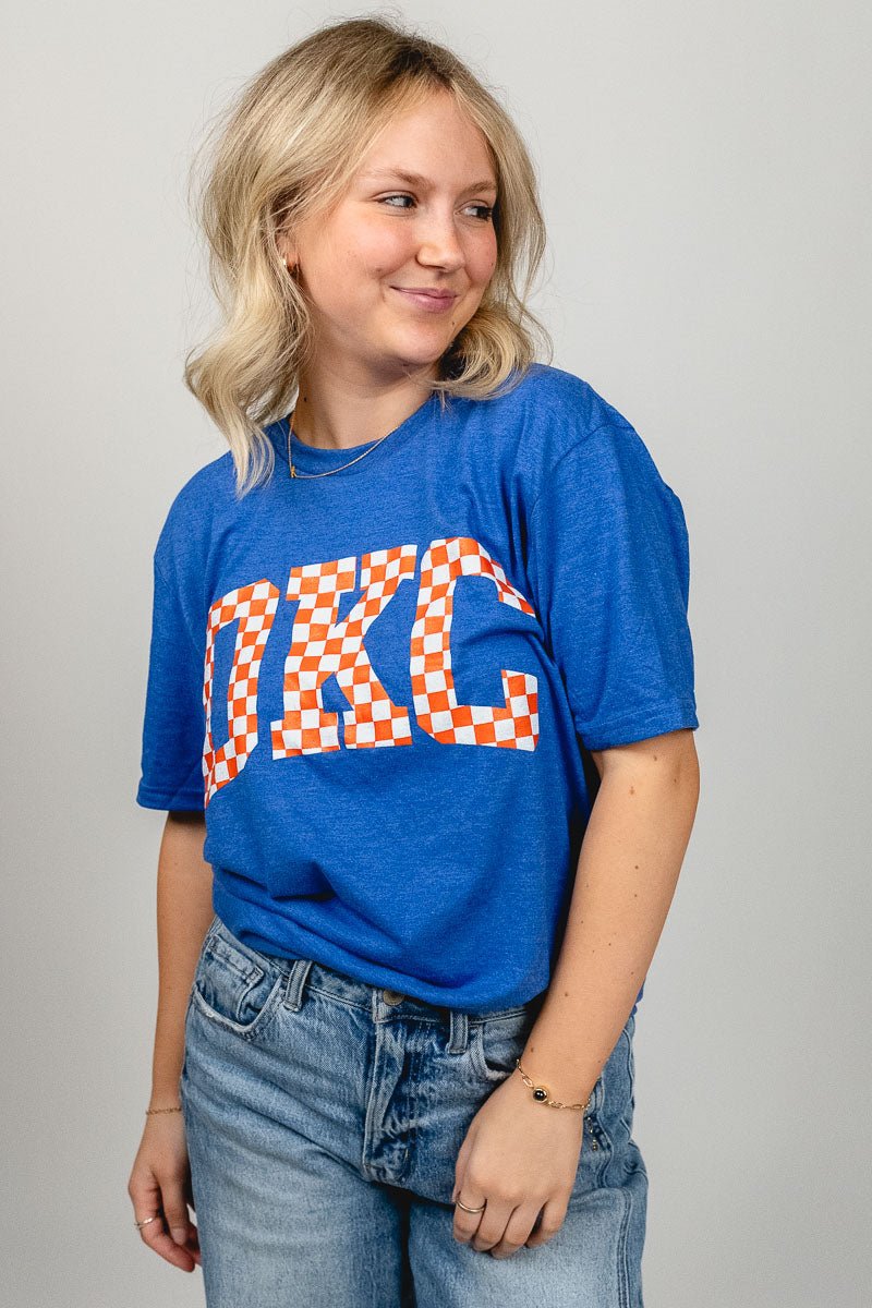OKC checkered unisex short sleeve t-shirt - Trendy Oklahoma City Basketball T-Shirts Lush Fashion Lounge Boutique in Oklahoma City