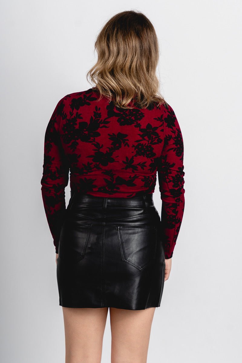 Floral mock neck bodysuit dark magenta