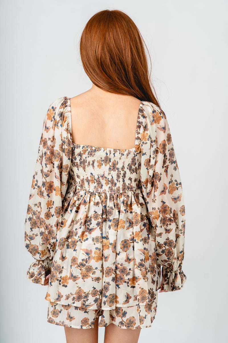 Smocked floral romper cream