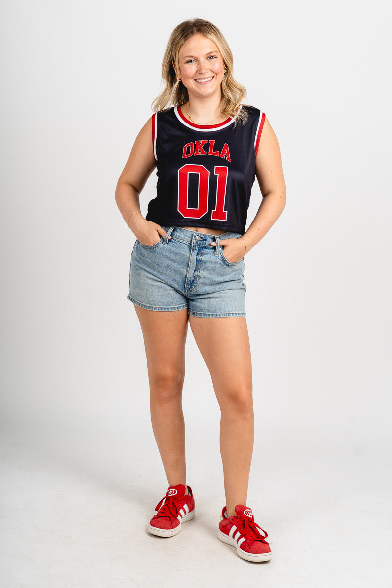 OU OU OKLA cropped basketball jersey black tank top | Lush Fashion Lounge Trendy Oklahoma University Sooners Apparel & Cute Gameday T-Shirts