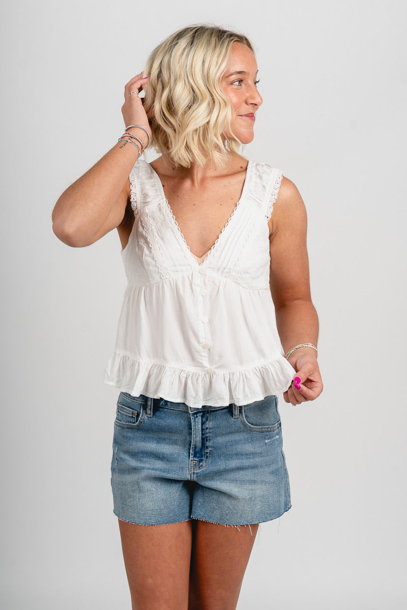 Lace trim ruffle tank top white - Trendy top - Fashion Tank Tops at Lush Fashion Lounge Boutique in Oklahoma City