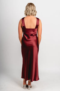 Scarf detail satin midi dress burgundy - Affordable dress - Boutique Dresses at Lush Fashion Lounge Boutique in Oklahoma City