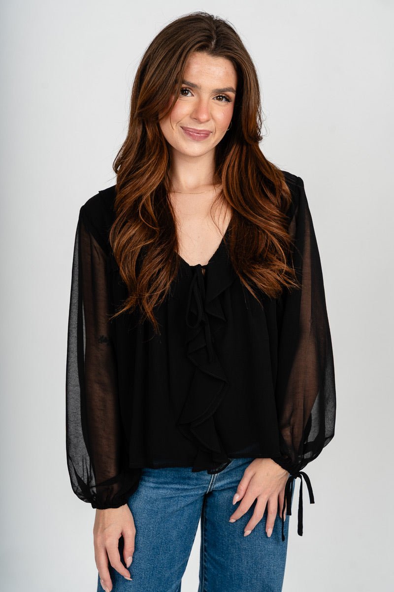 Ruffle tie front blouse black