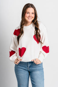 Heart print sweater cream - Unique Valentine's Day T-Shirt Designs at Lush Fashion Lounge Boutique in Oklahoma City