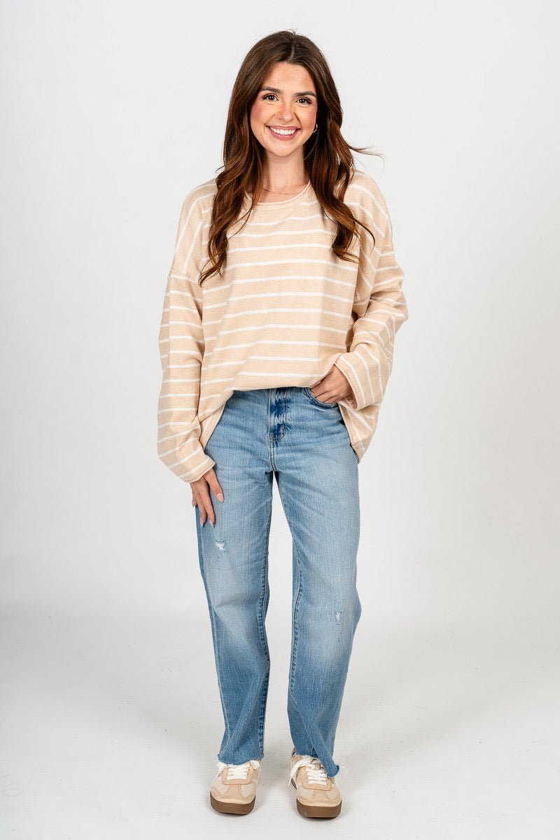 Striped oversized sweater oatmeal – Unique Sweaters | Lounging Sweaters and Womens Fashion Sweaters at Lush Fashion Lounge Boutique in Oklahoma City