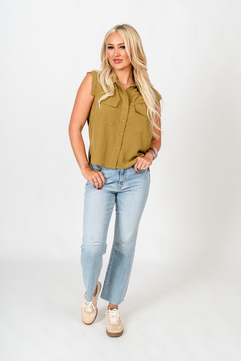 Sleeveless chiffon pocket blouse lemon grass