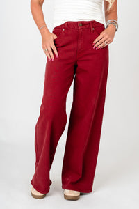 OU Just USA high rise palazzo wide leg jeans dark cherry jeans | Lush Fashion Lounge Trendy Oklahoma University Sooners Apparel & Cute Gameday T-Shirts