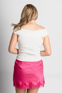 Satin lace trim mini skirt pink | Lush Fashion Lounge: boutique fashion skirts, affordable boutique skirts, cute affordable skirts