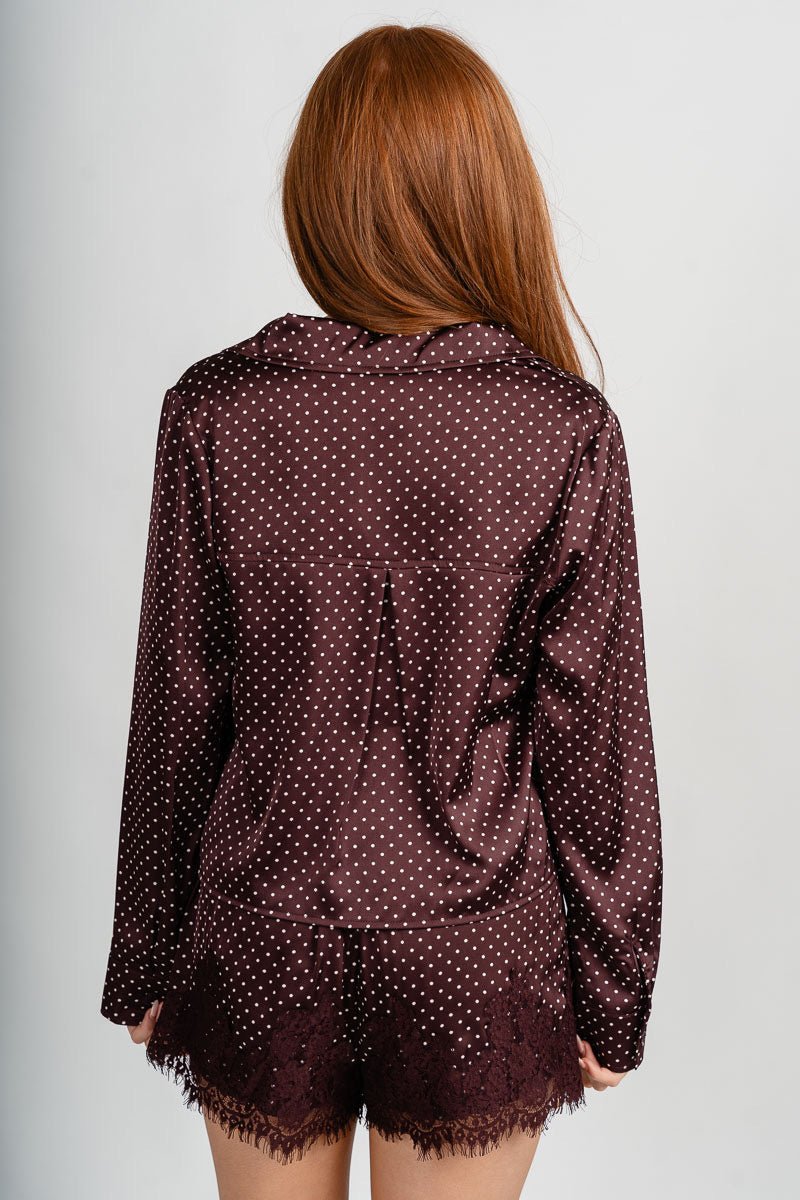 Polka dot button up blouse dark brown