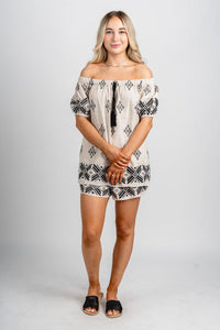Off shoulder embroidered top natural/black - Stylish top - Trendy Staycation Outfits at Lush Fashion Lounge Boutique in Oklahoma City