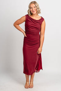 Off shoulder mesh midi dress dark rose - Affordable dress - Boutique Dresses at Lush Fashion Lounge Boutique in Oklahoma City